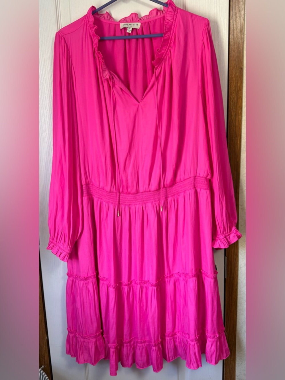 Bright Hot Pink Tiered Long Sleeve Dress
